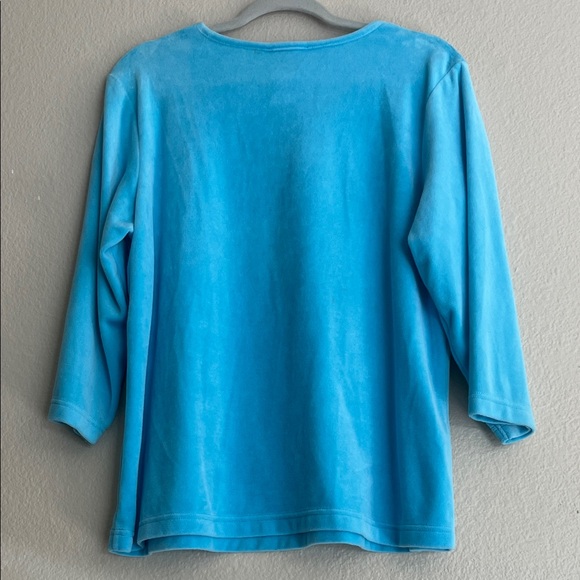 Quacker Factory Aqua Blue 3/4 Sleeve Velour Top with Sequin Bling Size Large - Picture 2 of 7